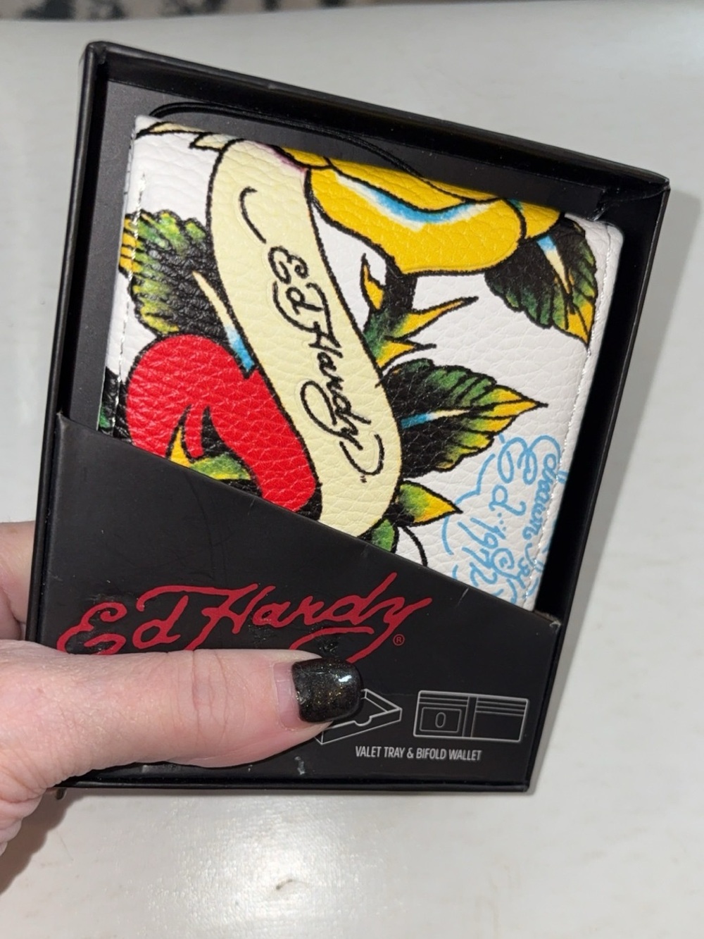 NWT Ed Hardy White Floral Tattoo Bifold Wallet with Red and Yellow Accents
